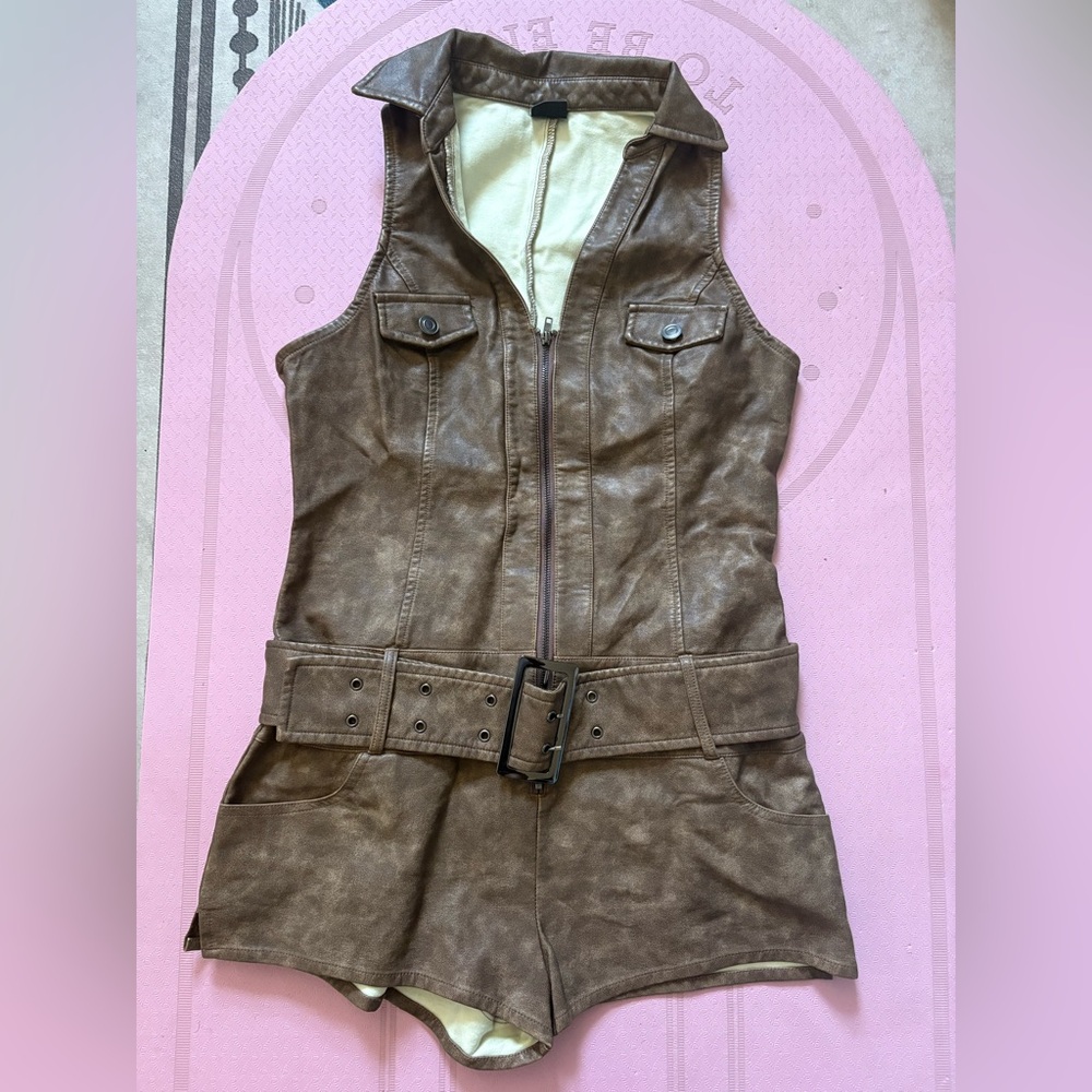 Briana Faux Leather Belted Sleeveless Jumpsuit – New Without Tags